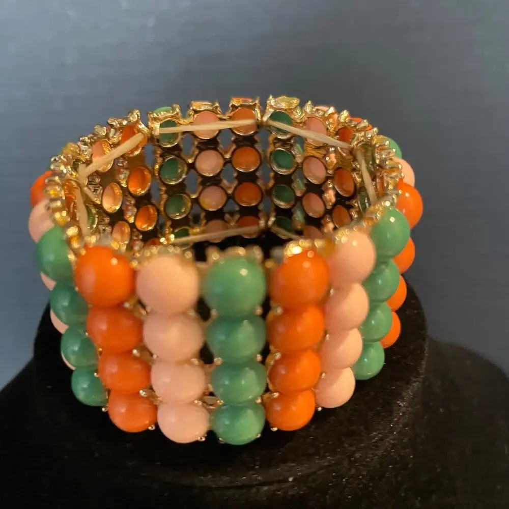 Vintage beaded statement bracelet multi color beads gold tone boho jewelry